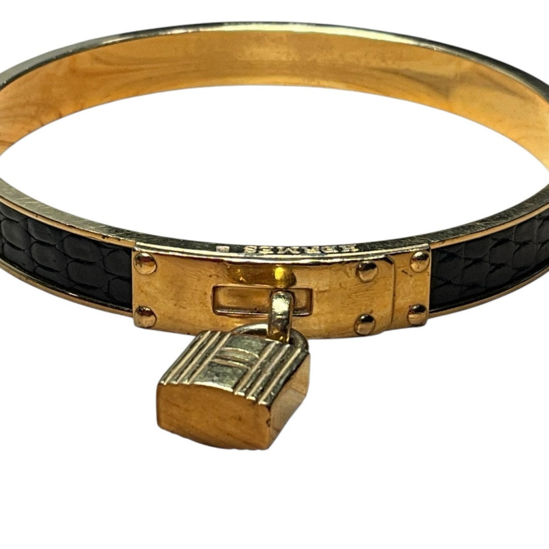 Hermes Lizard Kelly Lock Black & Gold Bangle