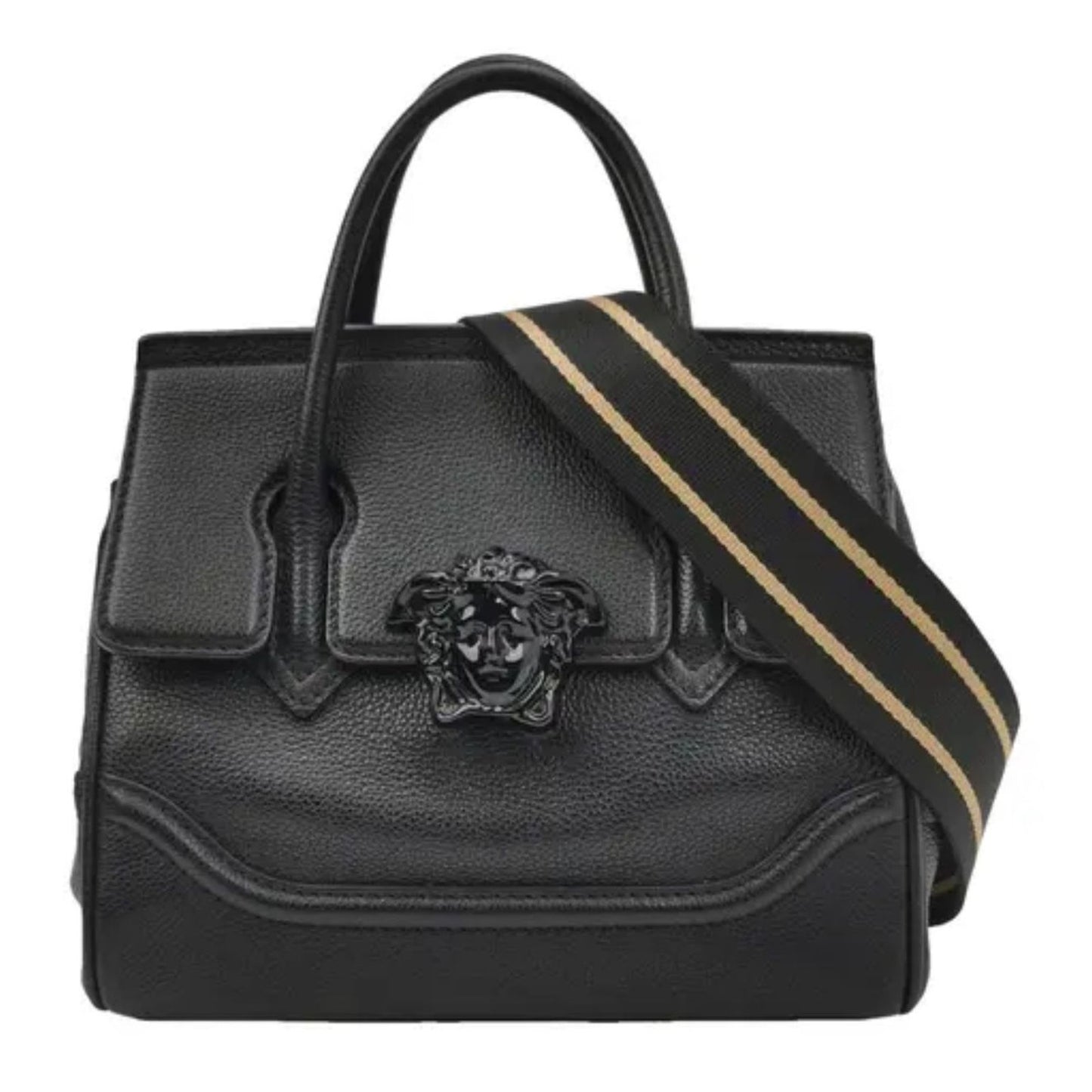 Black leather handbag with a gold stripe and emblem on a white background