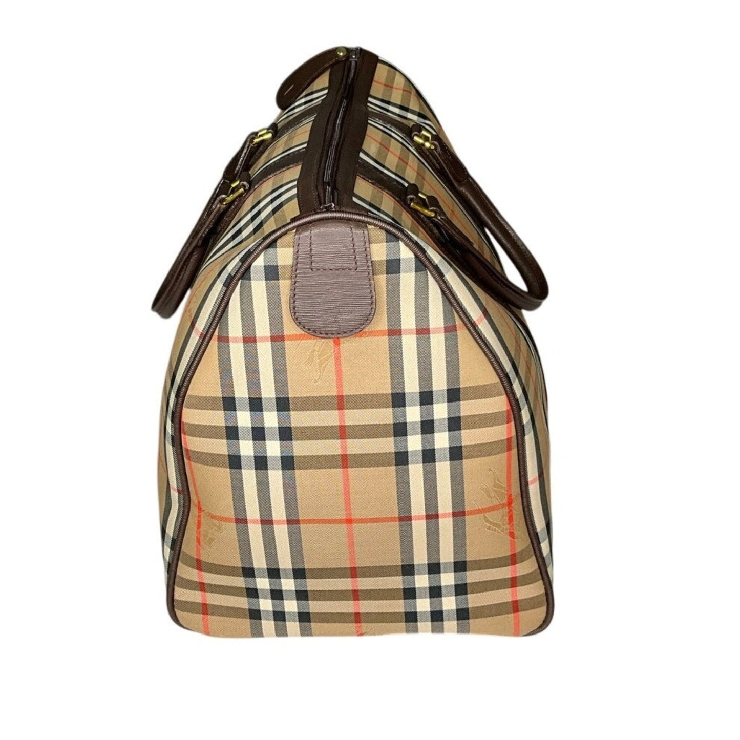 Plaid patterned bag with brown handle on a white background