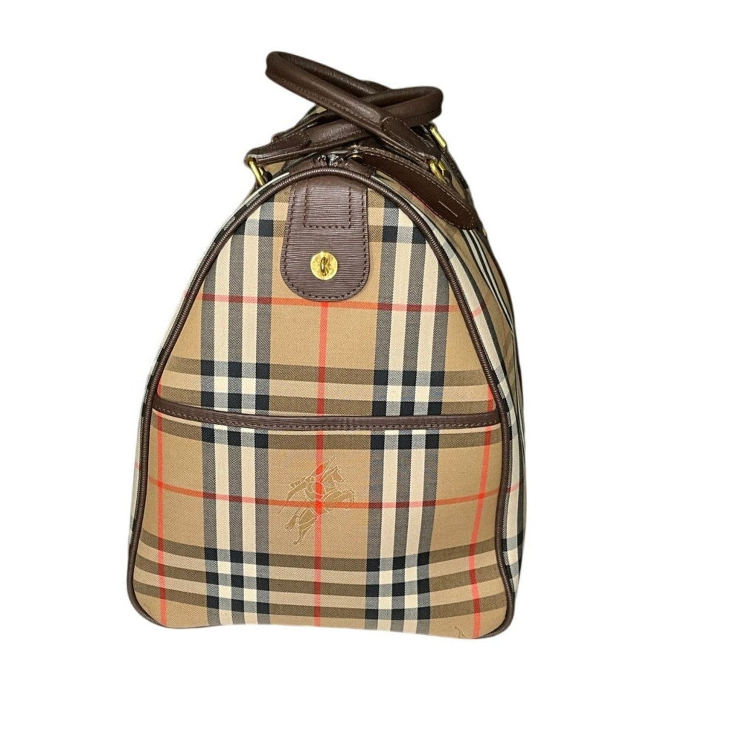 Plaid backpack with brown leather accents on a white background