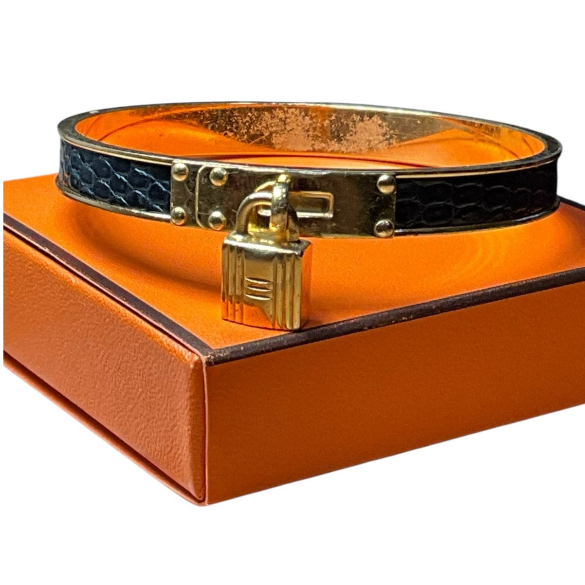 Hermes Lizard Kelly Lock Black & Gold Bangle