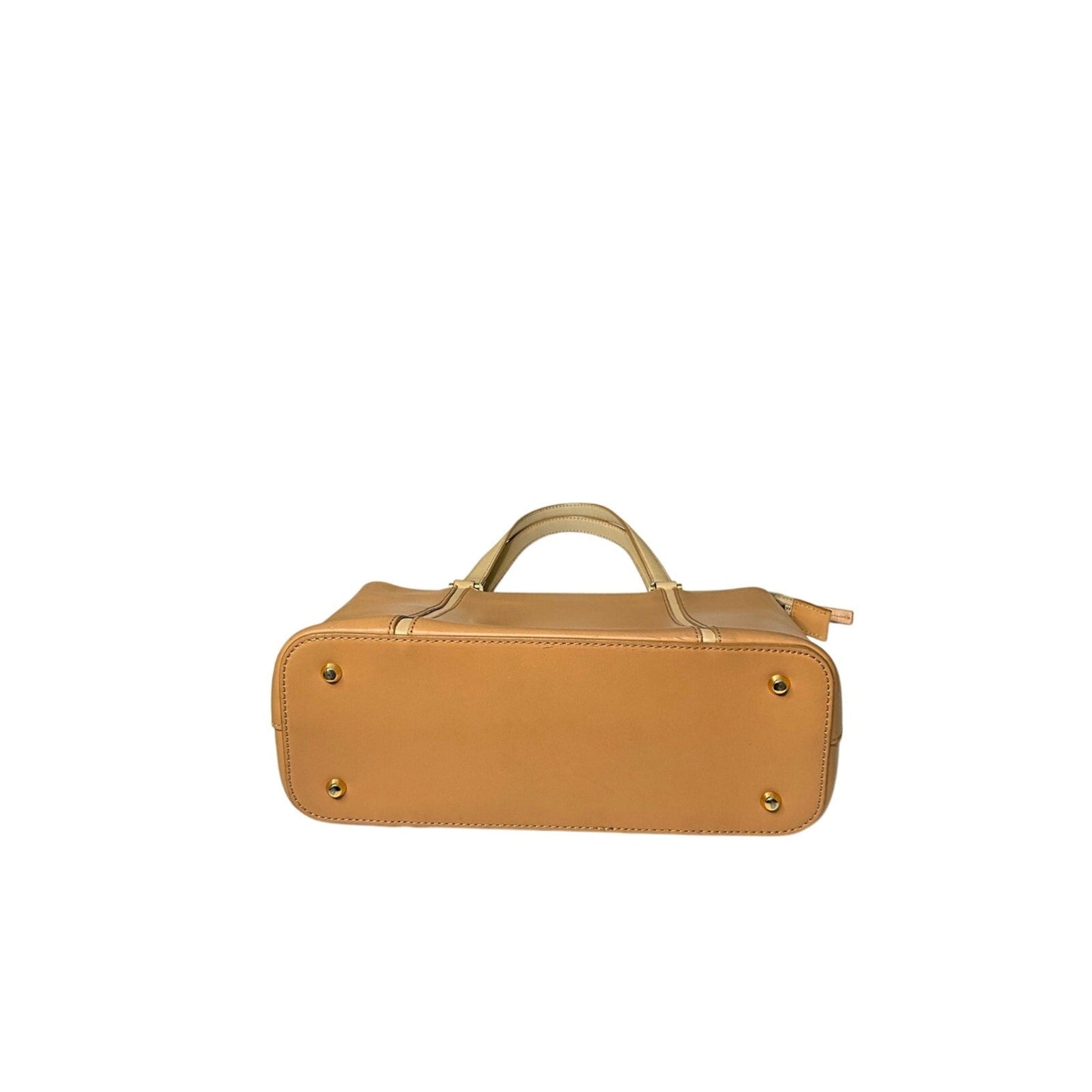 Tan leather handbag with gold accents on a white background