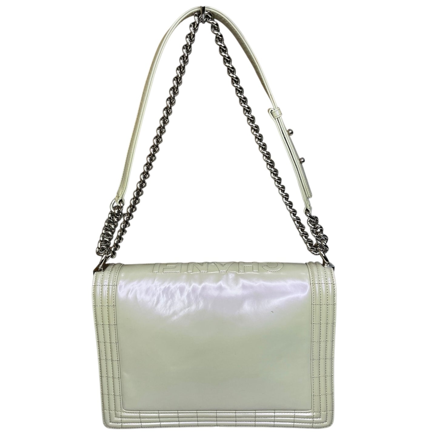 Chanel Pearl Iridescent Glazed Patent Leather Large Reverso Boy Flap Bag