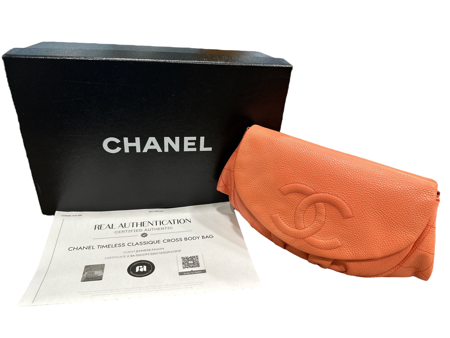 Chanel CORAL Caviar Leather Half Moon Wallet On Chain - Clairely Amazing