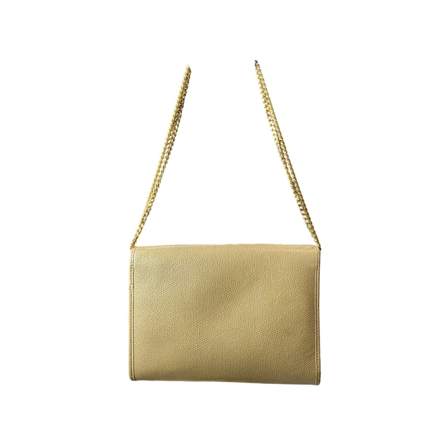 Gold clutch bag with chain strap on a white background