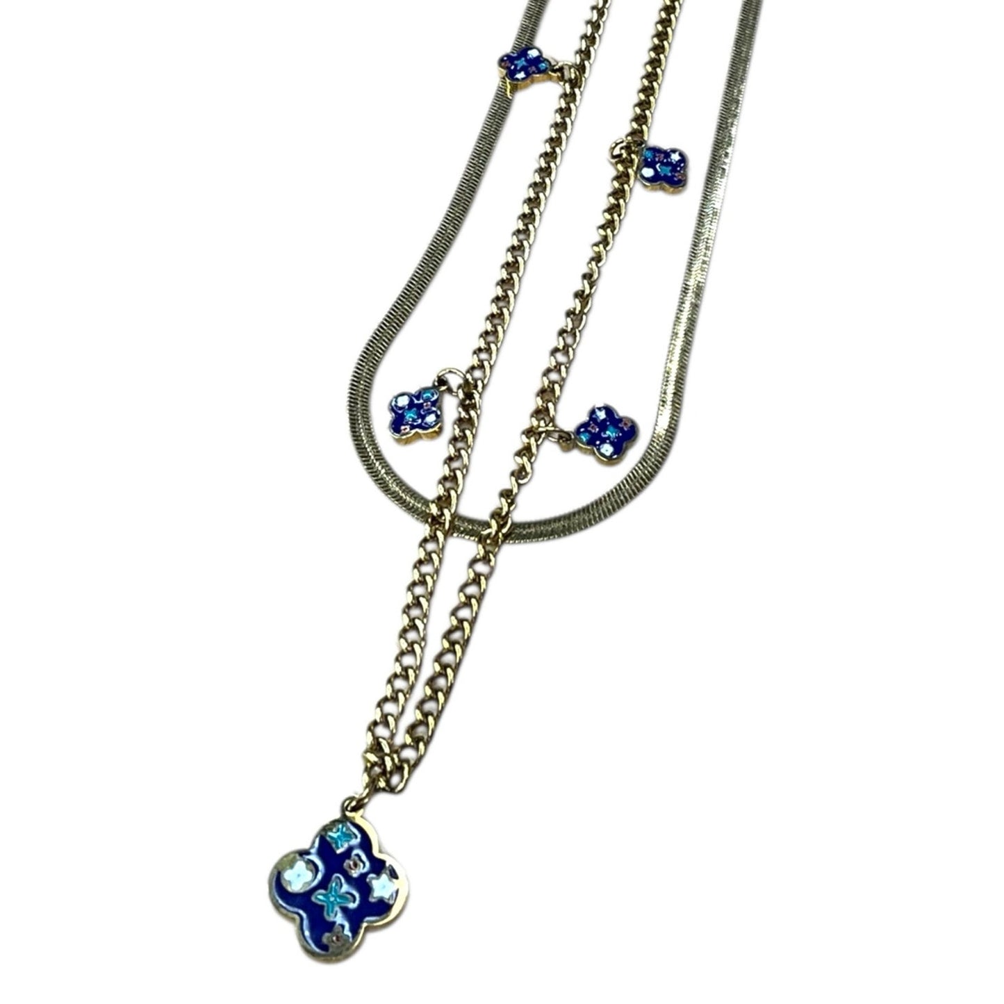 Layered Gold Chain Necklace with Blue Enamel Charm