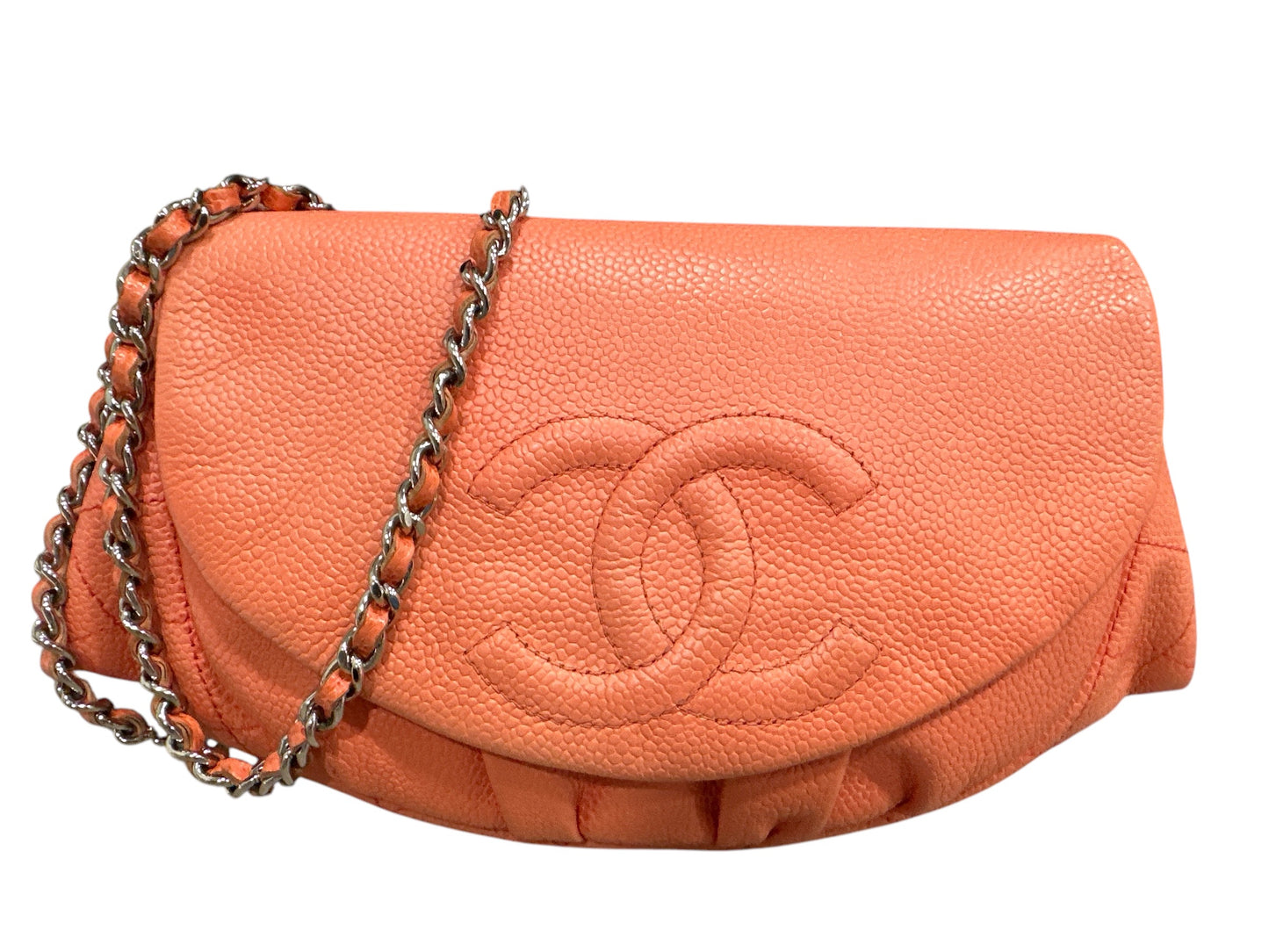 Chanel CORAL Caviar Leather Half Moon Wallet On Chain - Clairely Amazing