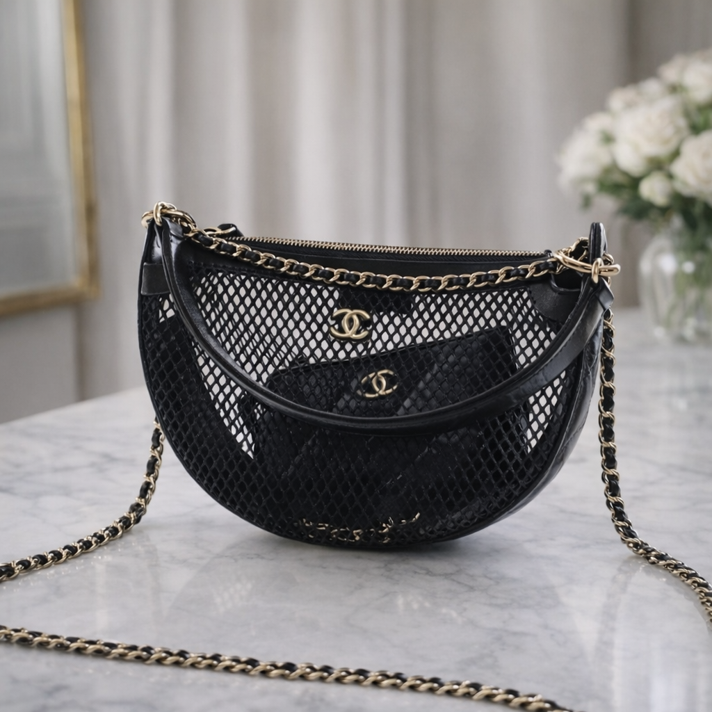 Mesh Shoulder Bag with Chain Strap – Black