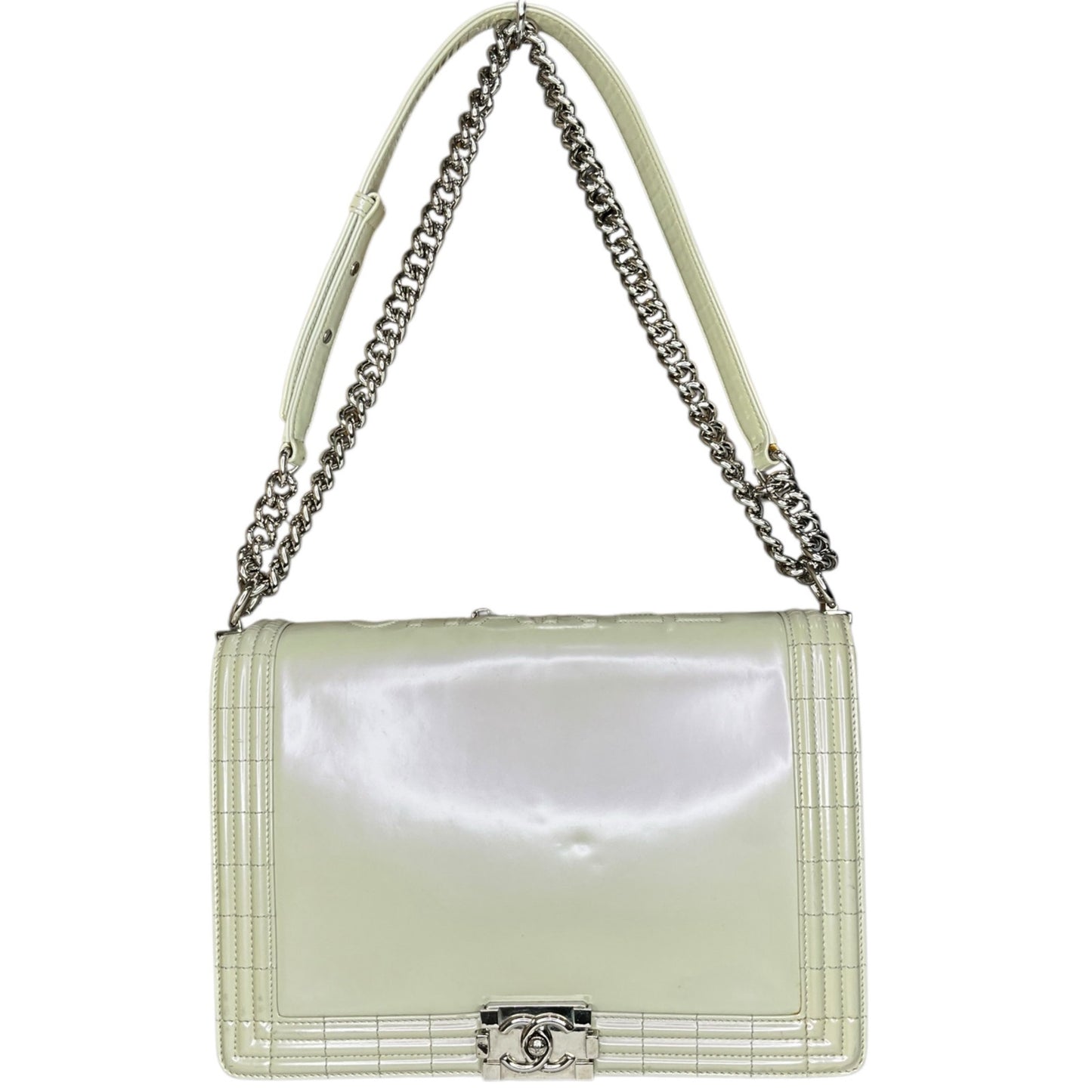 Chanel Pearl Iridescent Glazed Patent Leather Large Reverso Boy Flap Bag