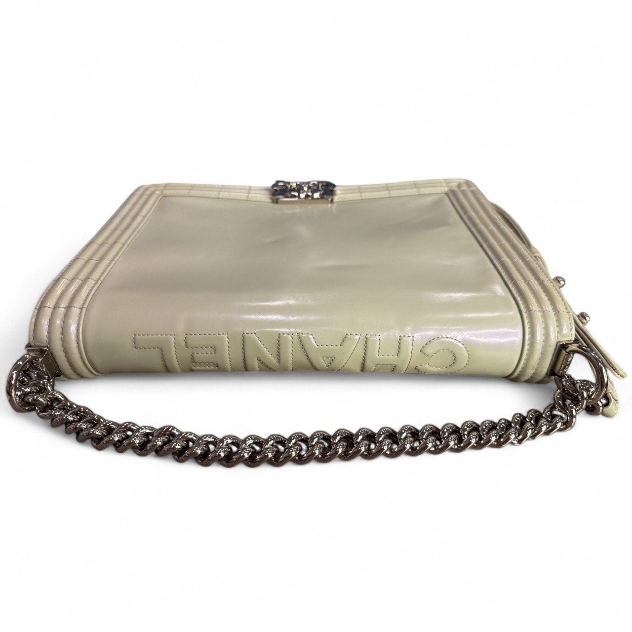 Chanel Pearl Iridescent Glazed Patent Leather Large Reverso Boy Flap Bag