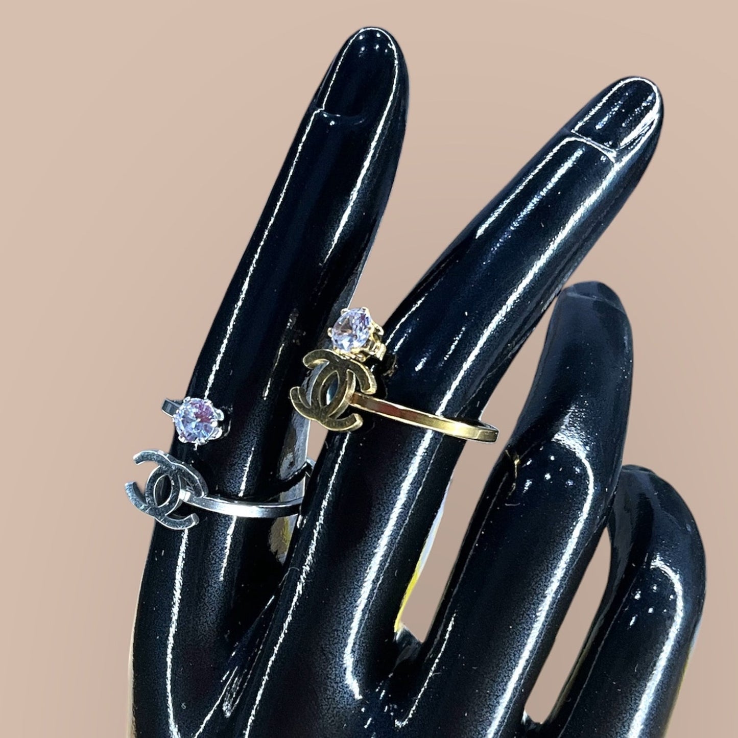 Crystal Accent Ring with Double C Style Detail – Gold or Silver Tone