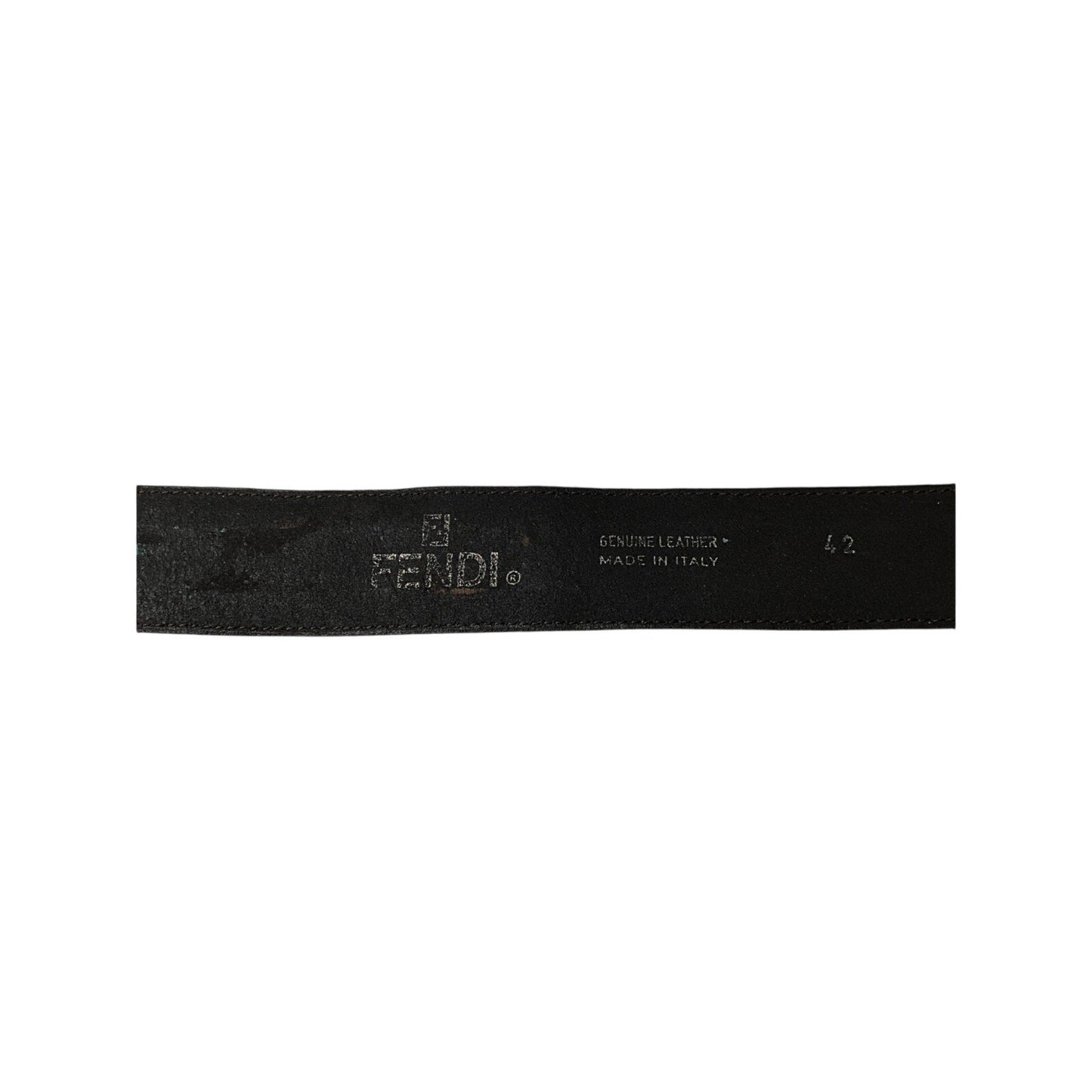 Black leather strap with Fendi logo on a white background