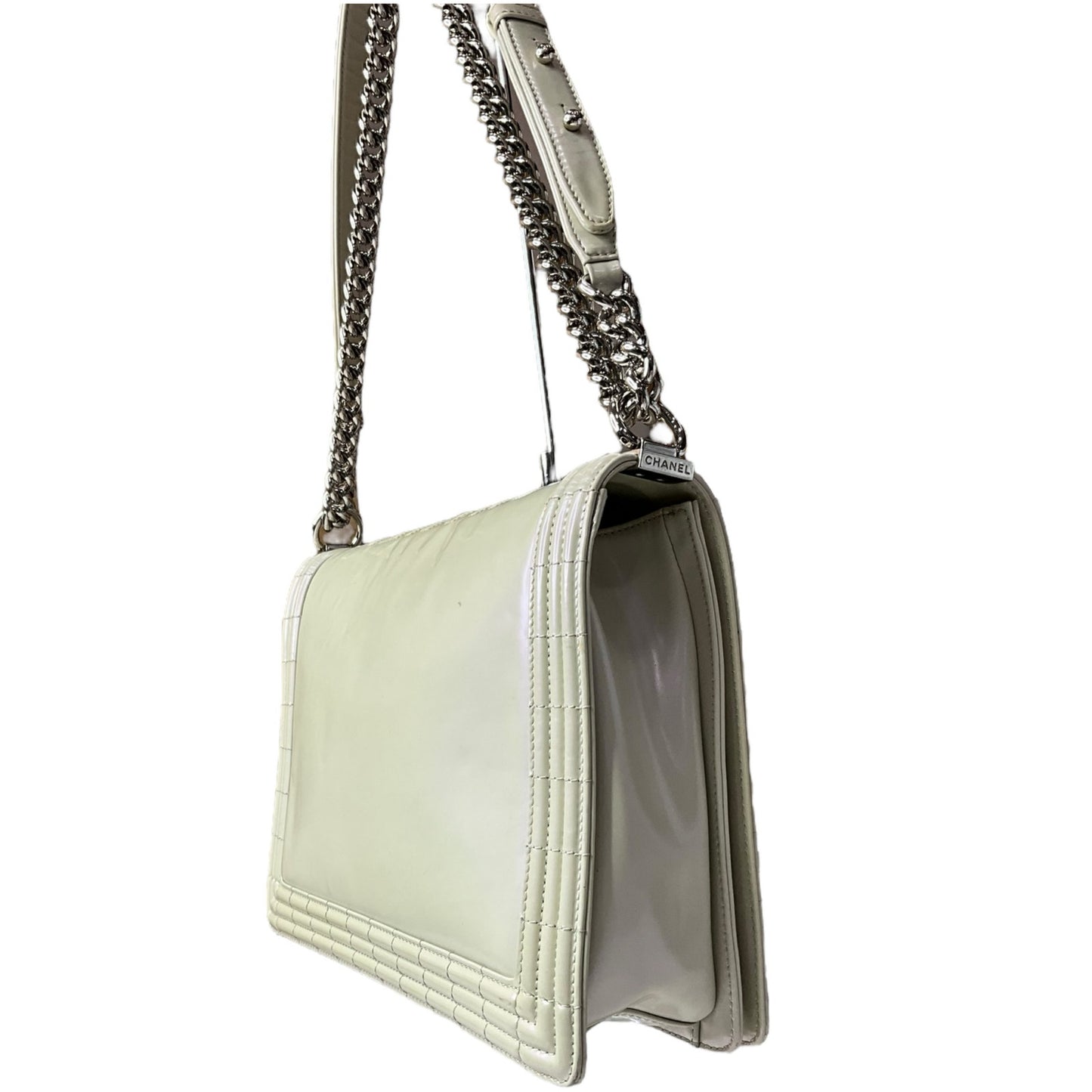Chanel Pearl Iridescent Glazed Patent Leather Large Reverso Boy Flap Bag