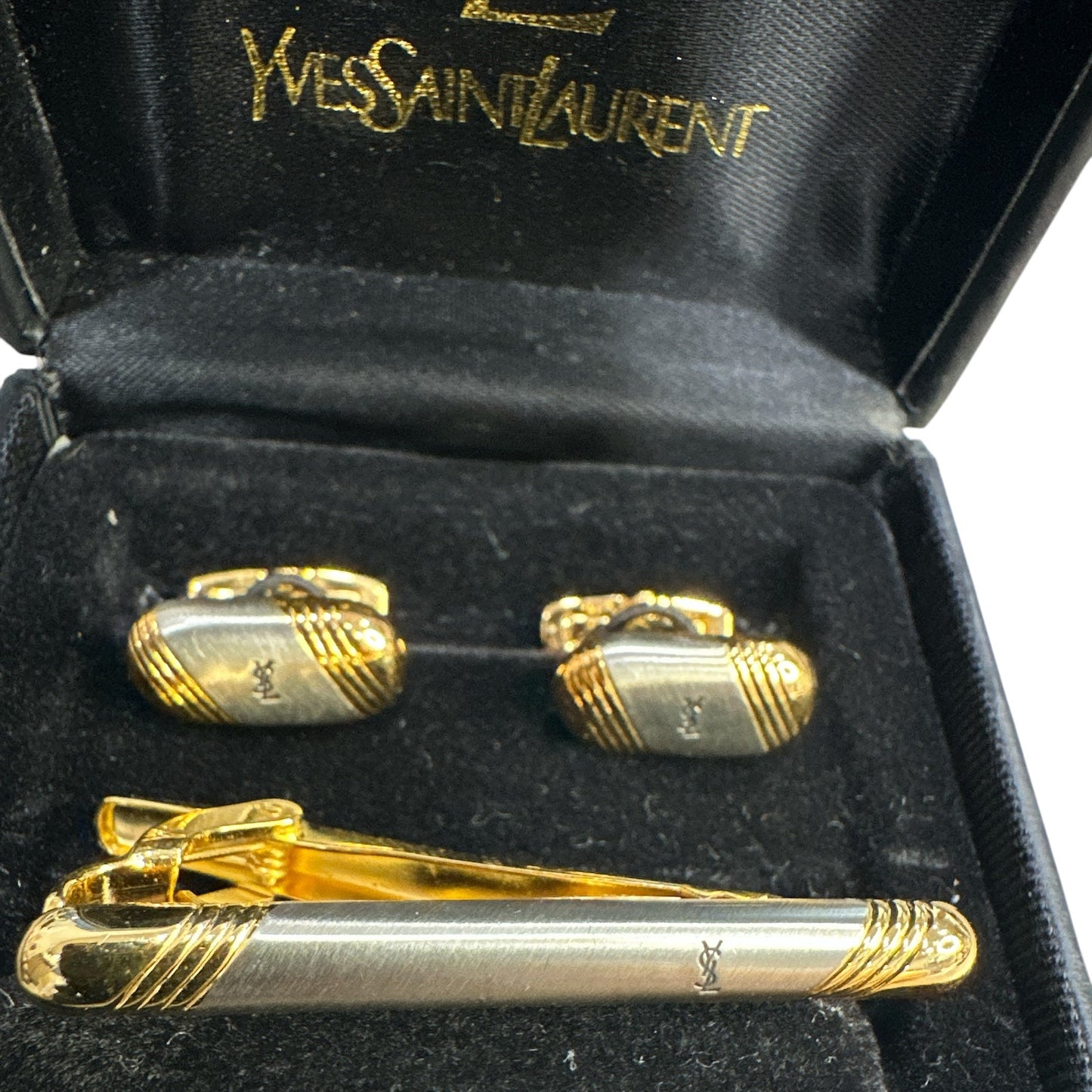 Yves Saint Laurent Vintage Two-Tone Logo Cufflink and Tie Pin Set - Clairely Amazing