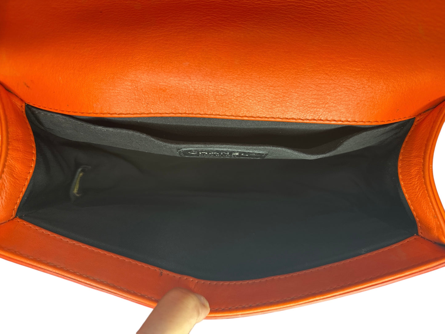 Chanel Patent Calfskin Quilted Medium Plexiglass Boy Flap Orange - Clairely Amazing