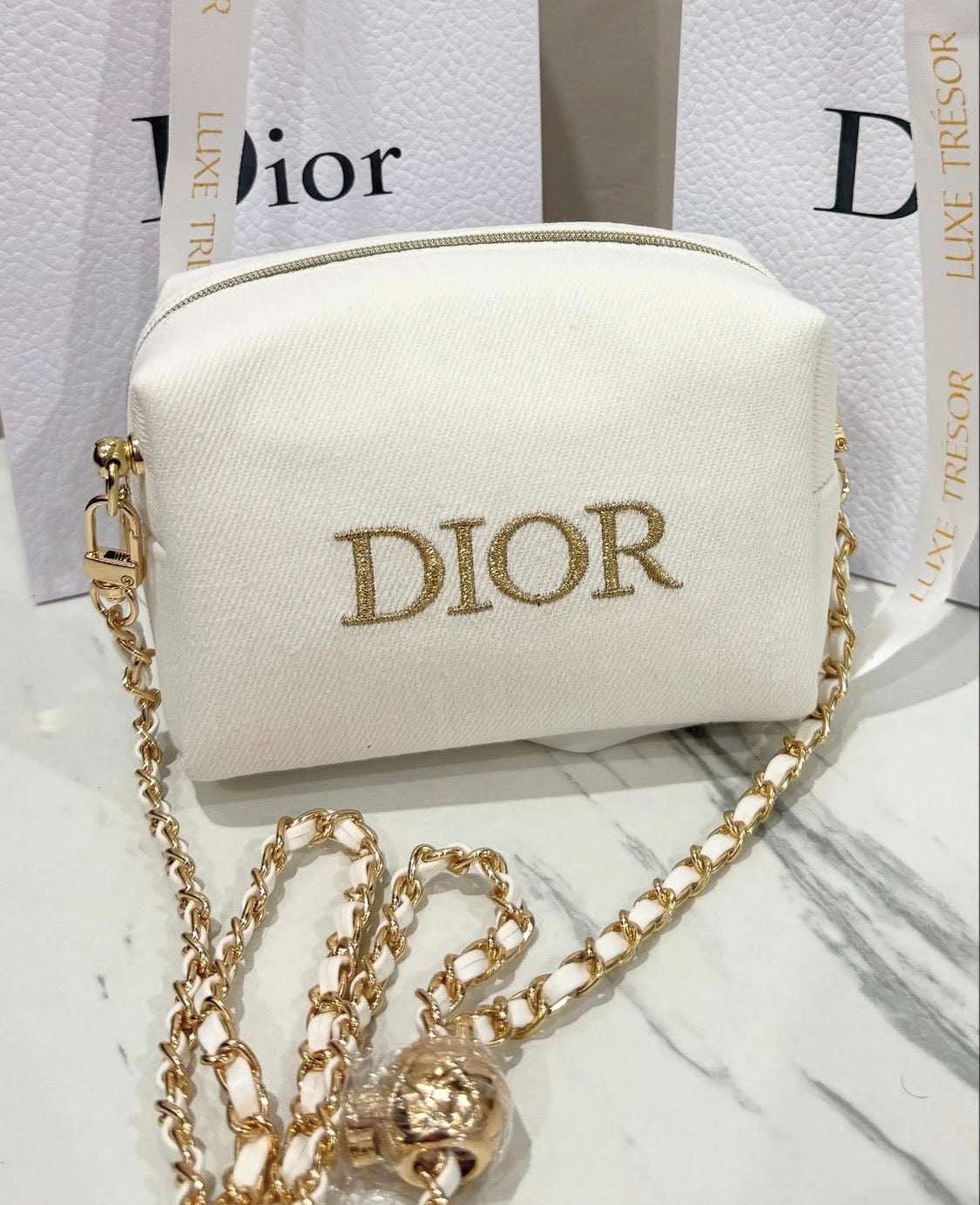Dior Cosmetic Mini Crossbody – White with Gold Chain