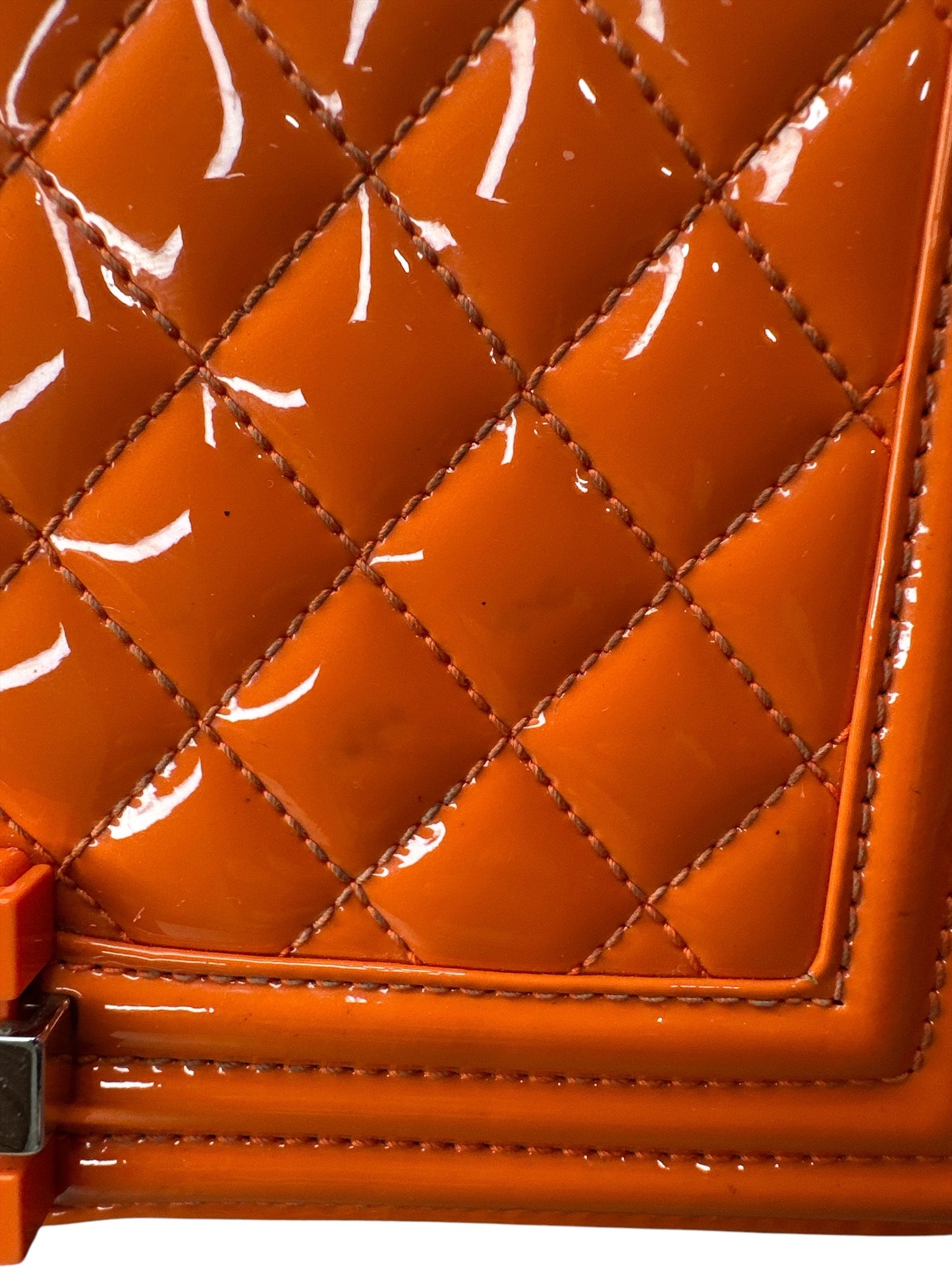 Chanel Patent Calfskin Quilted Medium Plexiglass Boy Flap Orange - Clairely Amazing