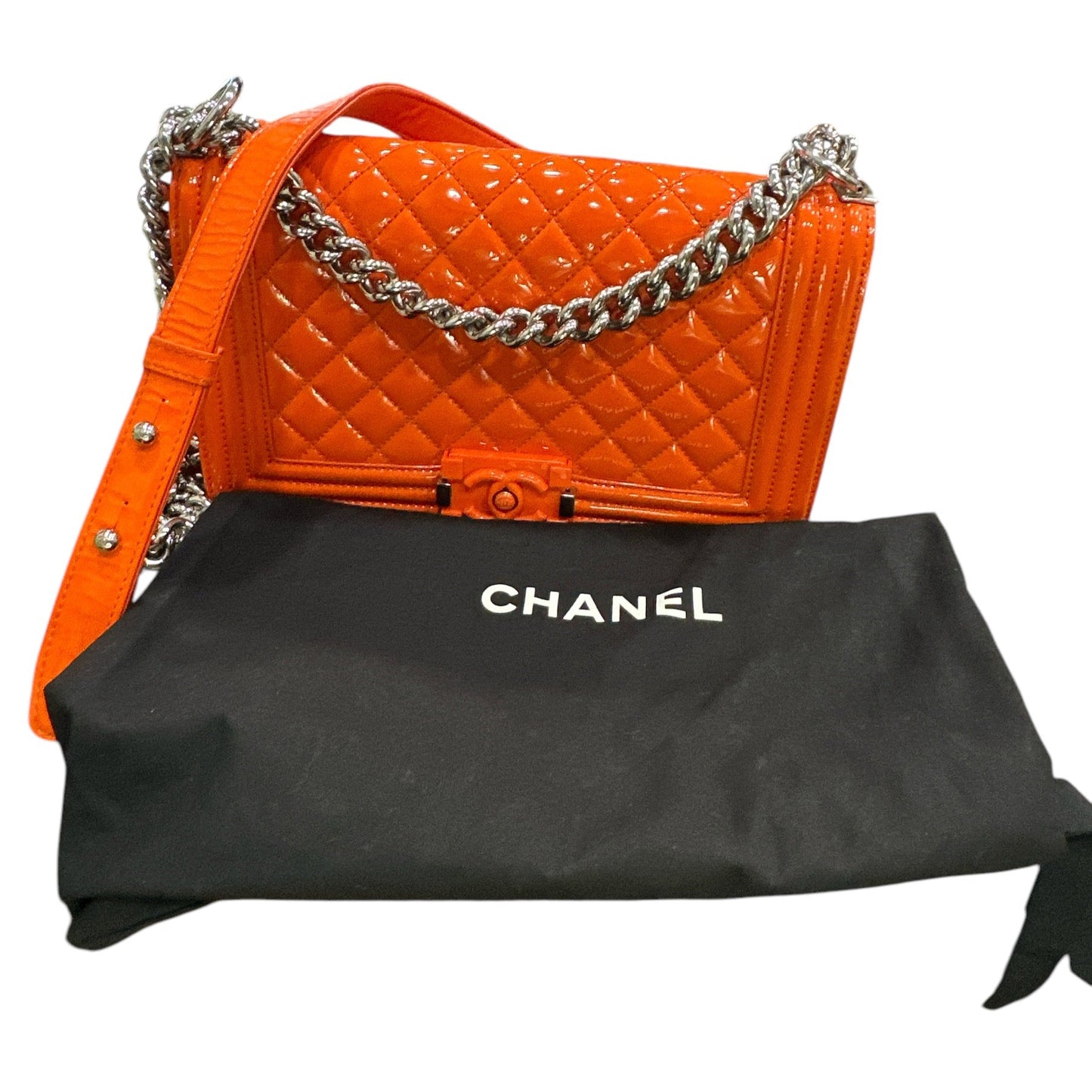 Chanel Patent Calfskin Quilted Medium Plexiglass Boy Flap Orange - Clairely Amazing
