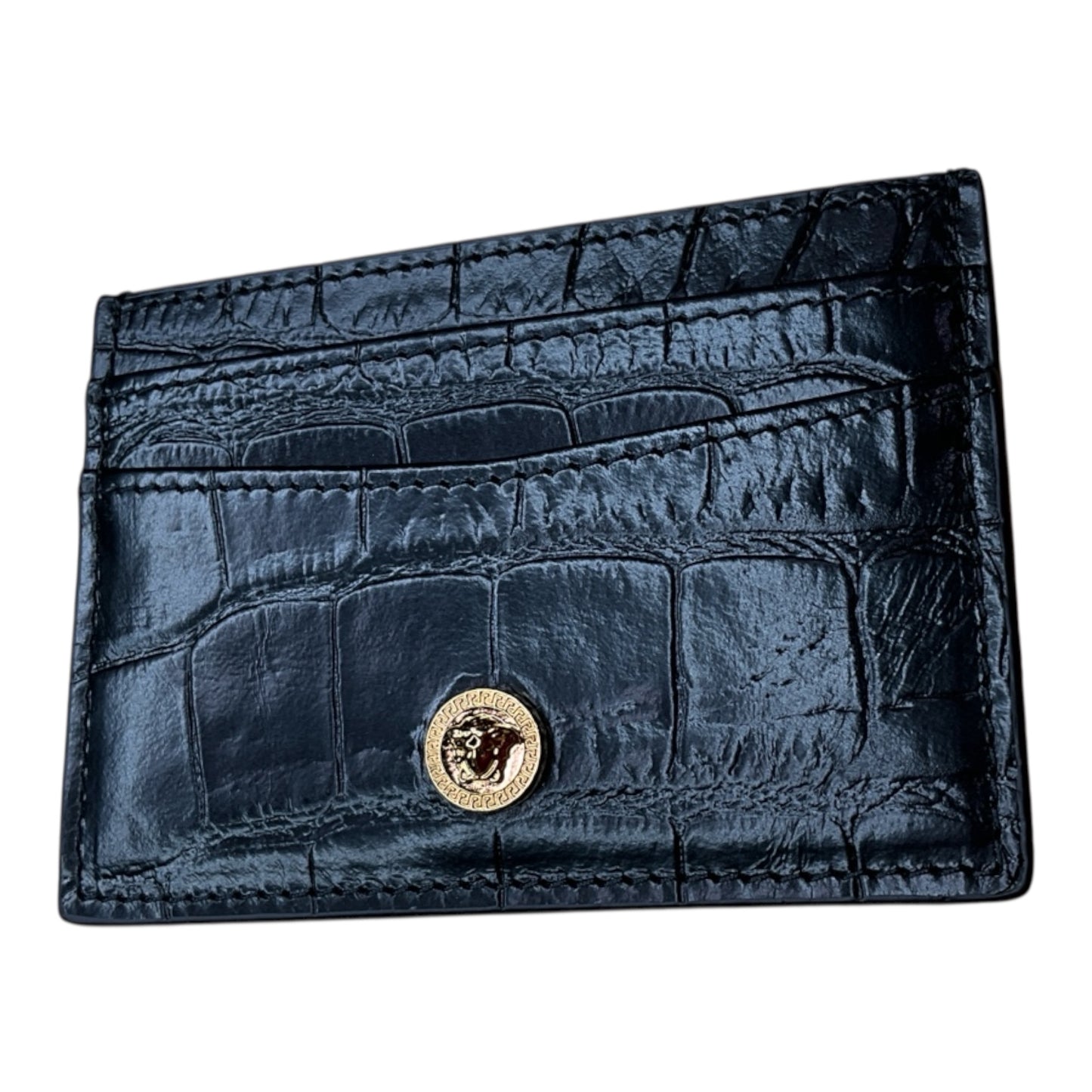 Authentic Versace Black Croc-Embossed Calf Leather Card Holder