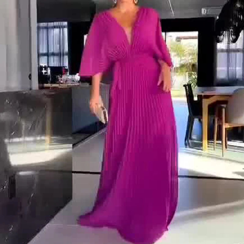 Elegant V-Neck Pleated Maxi Dress