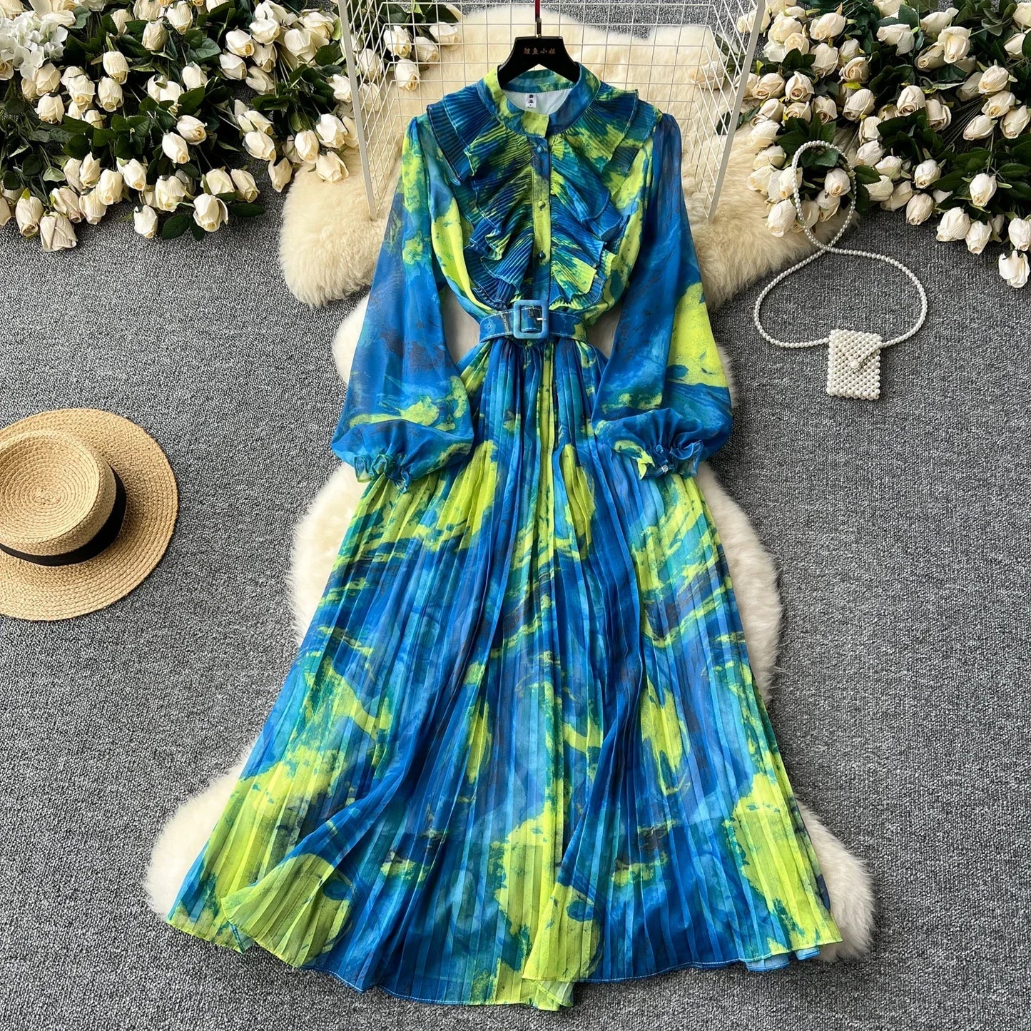 Vintage Print Chiffon Maxi Dress