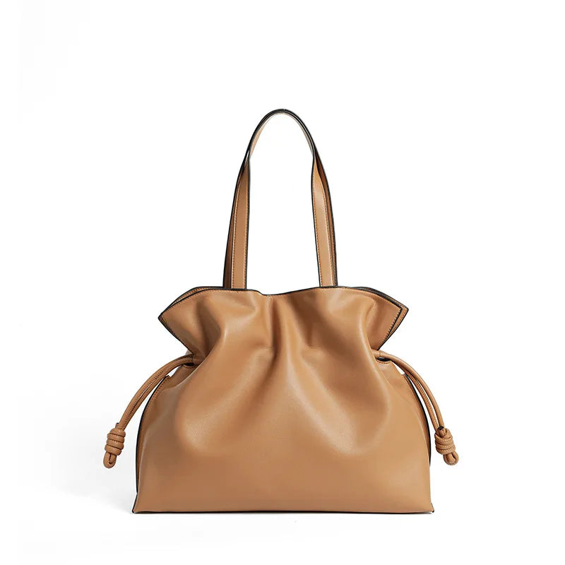 Soft Leather Pleated Bucket Tote Bag