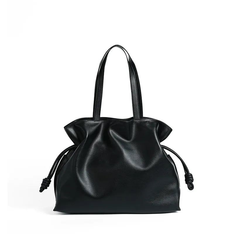 Soft Leather Pleated Bucket Tote Bag