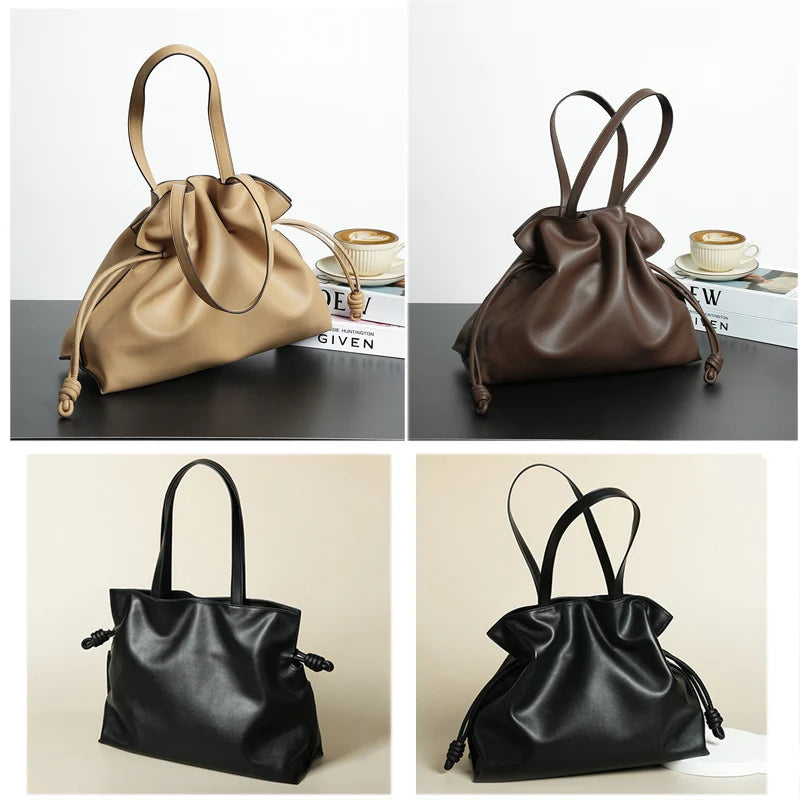Soft Leather Pleated Bucket Tote Bag