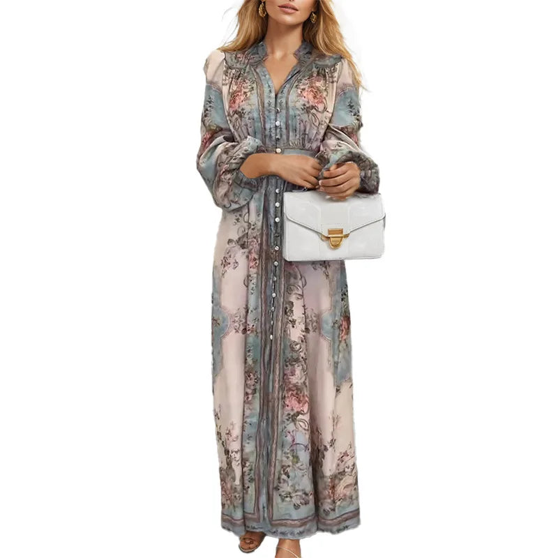 Retro Floral V-Neck Maxi Dress