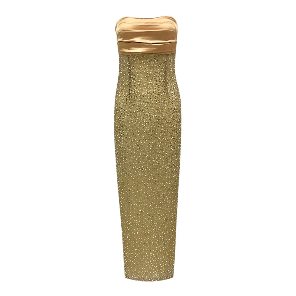 VJ.GOCHI Strapless Pearl Beaded Evening Dress
