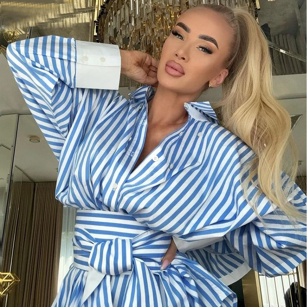 Clacive Fashion Loose Blue Stripe Women’s Dress 2025