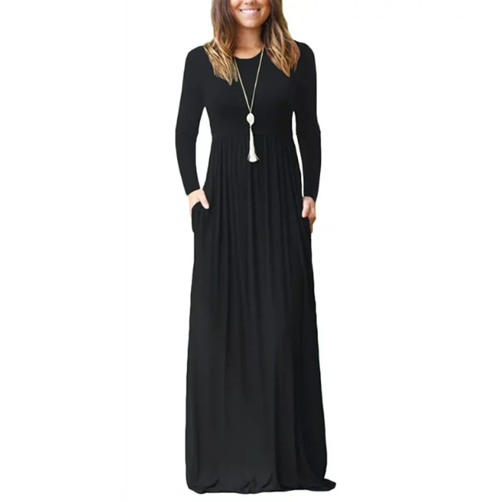 Autumn Winter Solid Color Pocket Maxi Dress