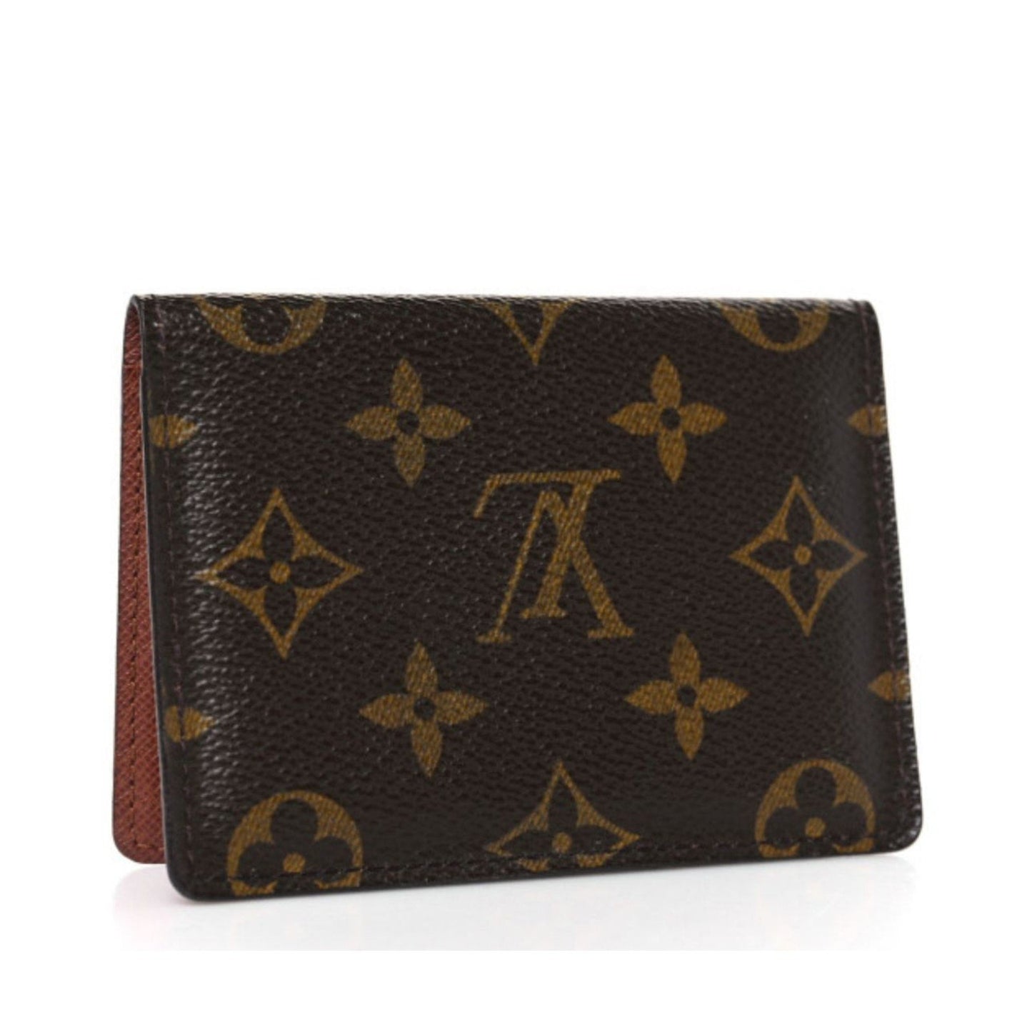 Brown wallet with gold monogram pattern on a white background