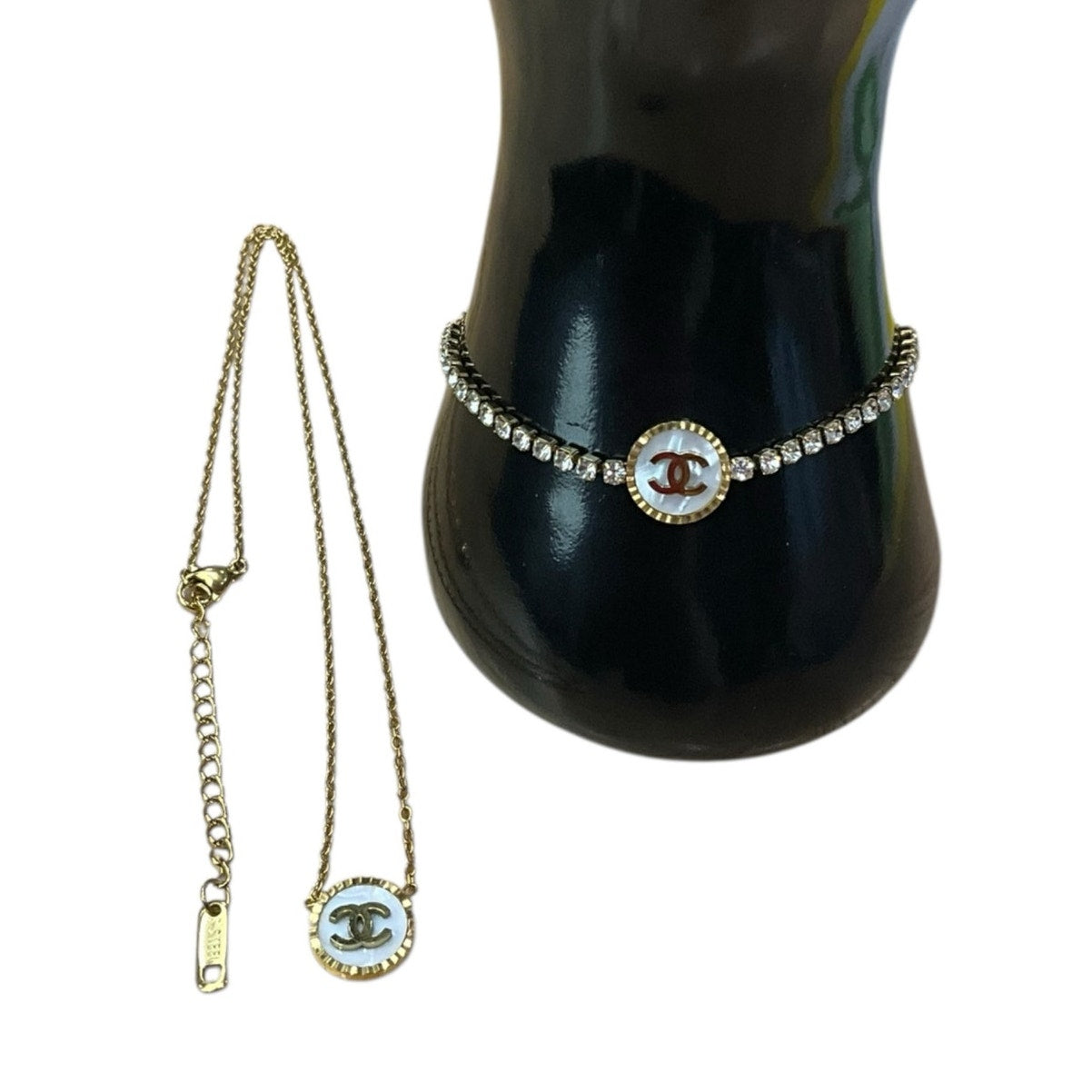 Gold Tone Pendant Necklace & Crystal Bracelet Set – Elegant Matching Jewelry