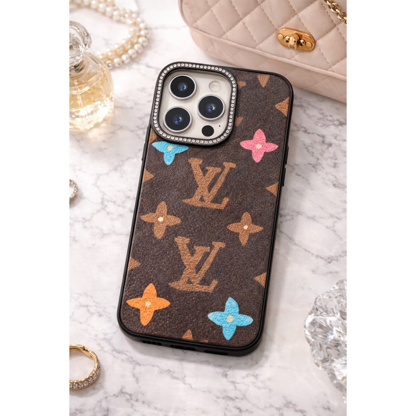 Graffiti iPhone Case with Gold Details & Rhinestone Camera Frame