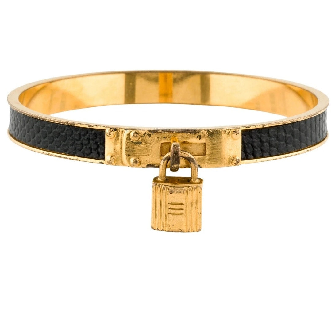 Hermes Lizard Kelly Lock Black & Gold Bangle