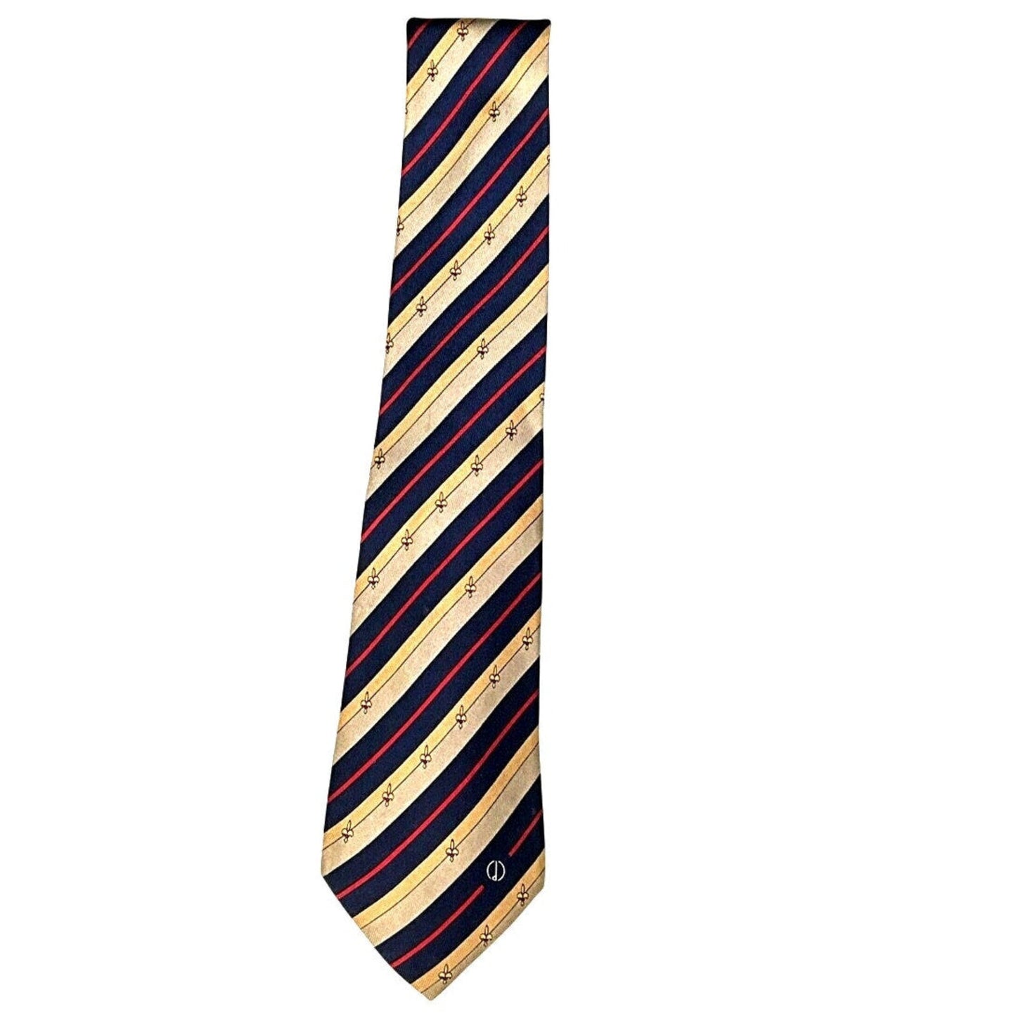 Striped tie with navy, red, and beige colors on a white background
