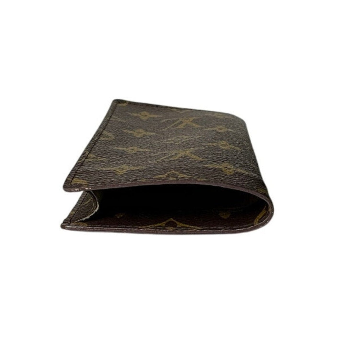 Brown leather wallet with gold monogram pattern on a white background