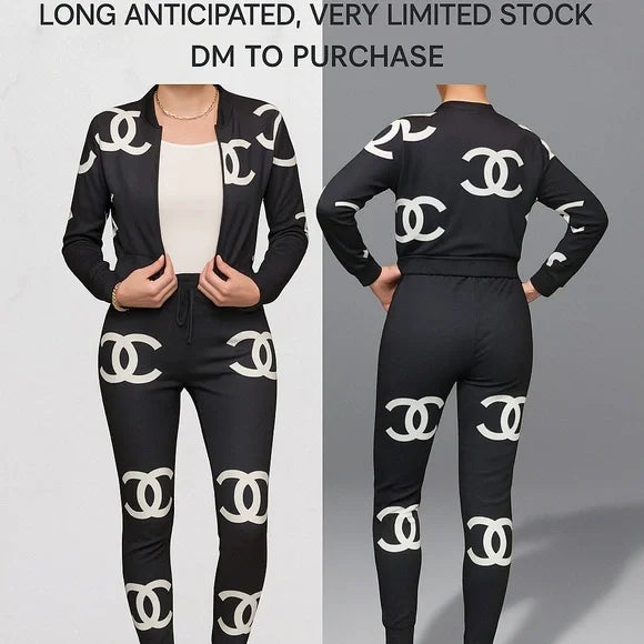 Luxury-Inspired Black & White Monogram Jogger Set (2-Piece)