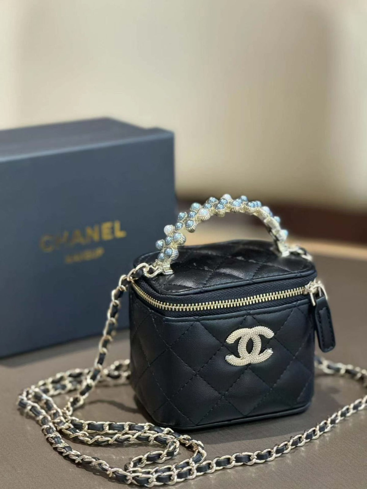 Chanel GWP Mini Vanity Bag with Pearl Handle – Quilted Crossbody (4 Colors)