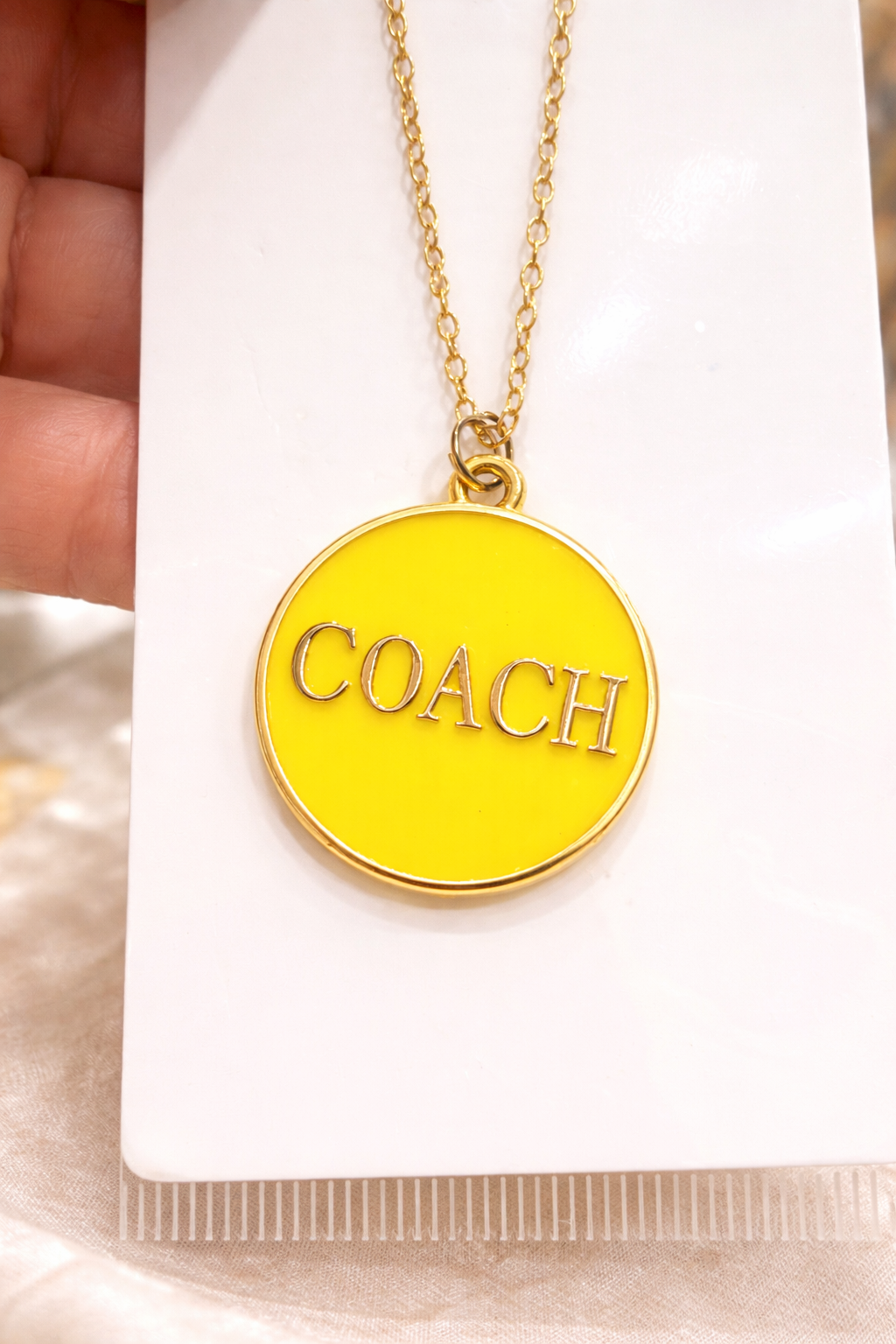Yellow Coach Style Pendant Necklace – Gold Tone Fashion Necklace
