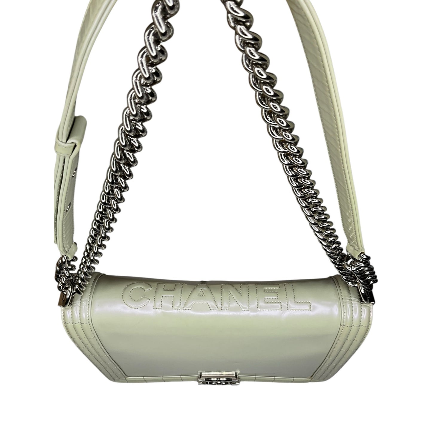 Chanel Pearl Iridescent Glazed Patent Leather Large Reverso Boy Flap Bag