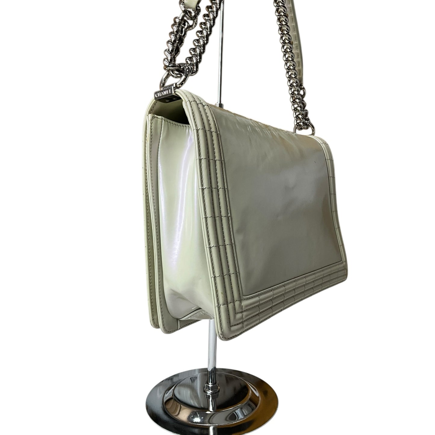 Chanel Pearl Iridescent Glazed Patent Leather Large Reverso Boy Flap Bag