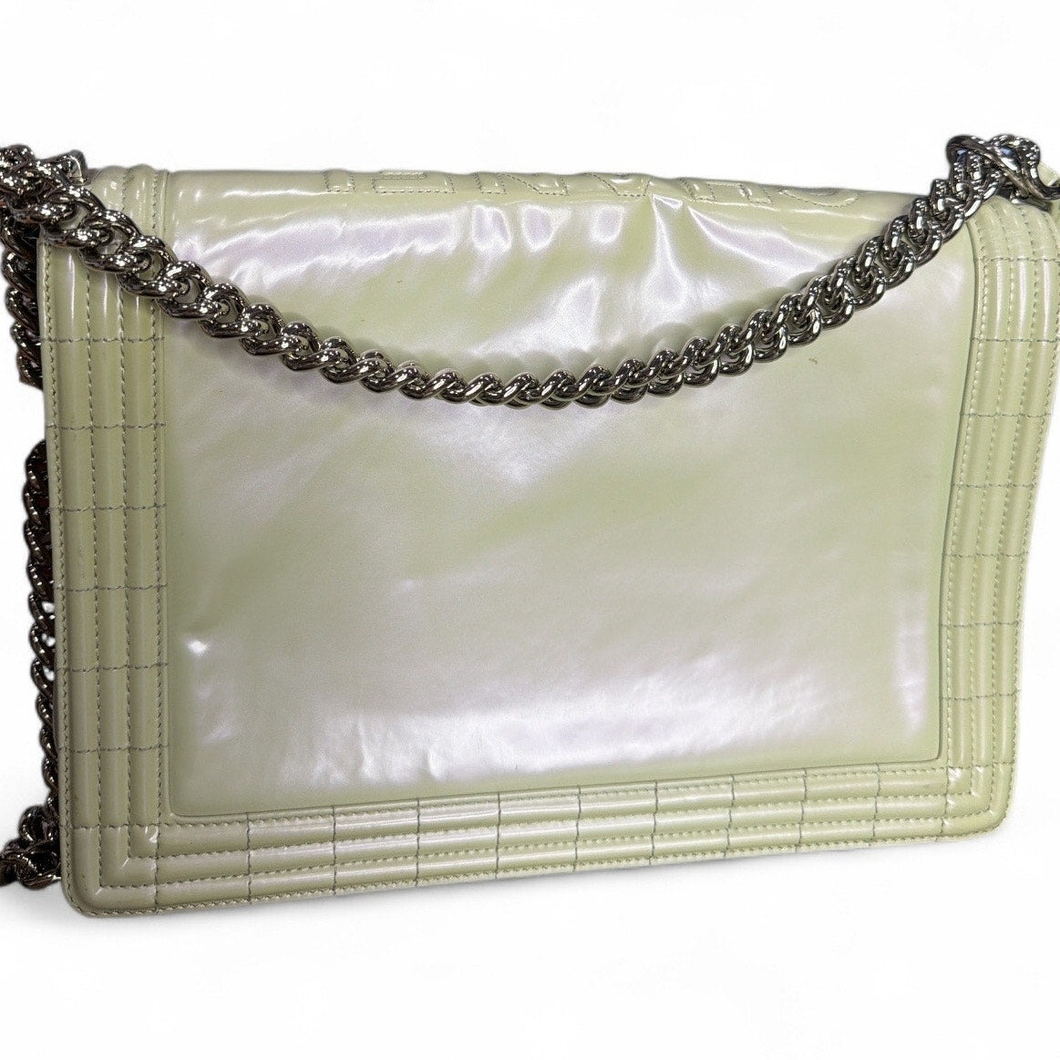 Chanel Pearl Iridescent Glazed Patent Leather Large Reverso Boy Flap Bag
