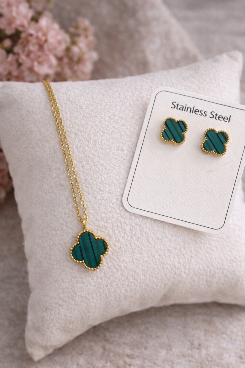Green Clover Stainless Steel Necklace & Earrings Set 💚✨