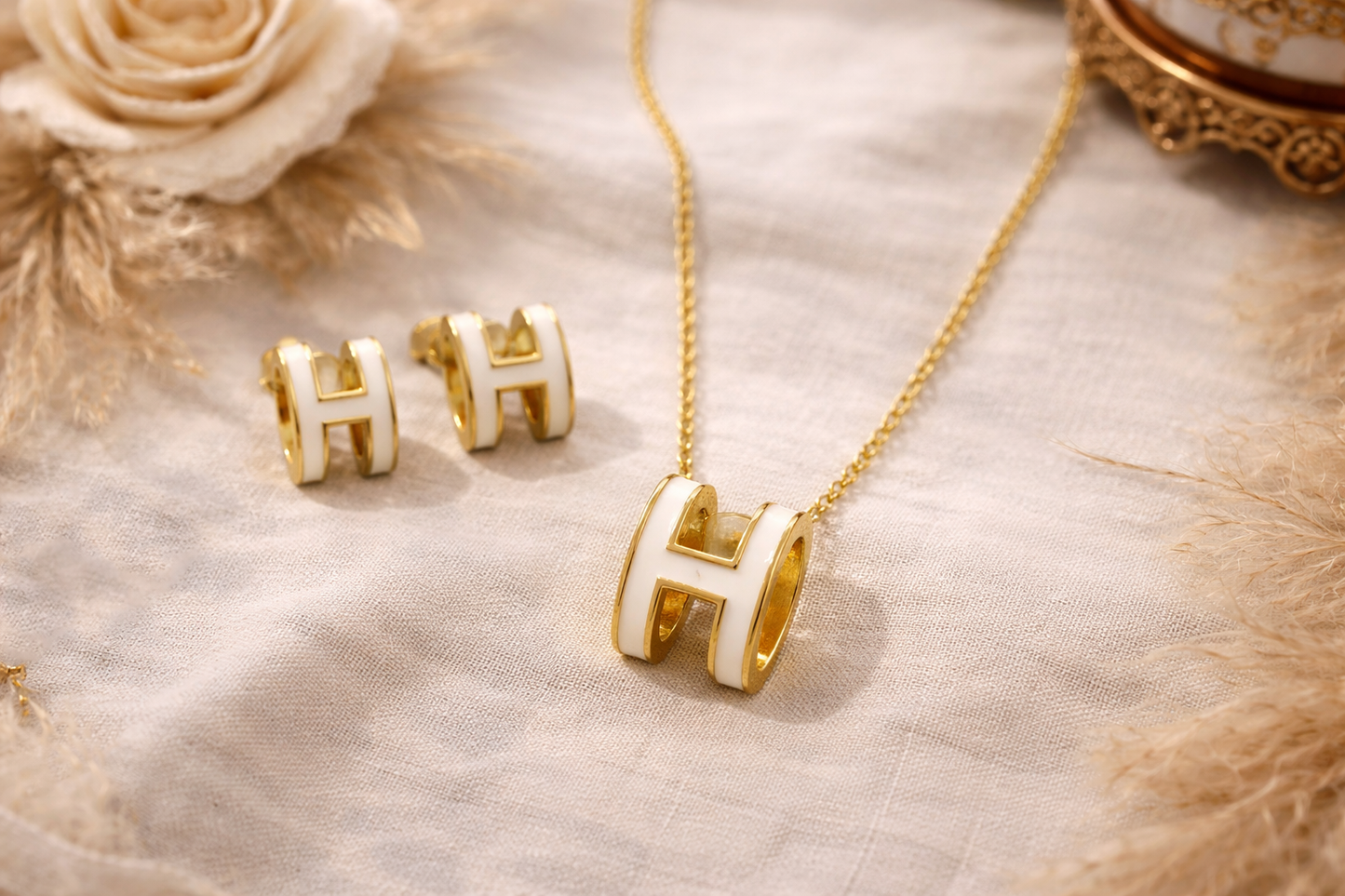 White & Gold Initial “H” Necklace Set – Stainless Steel (16”–18” Adjustable)
