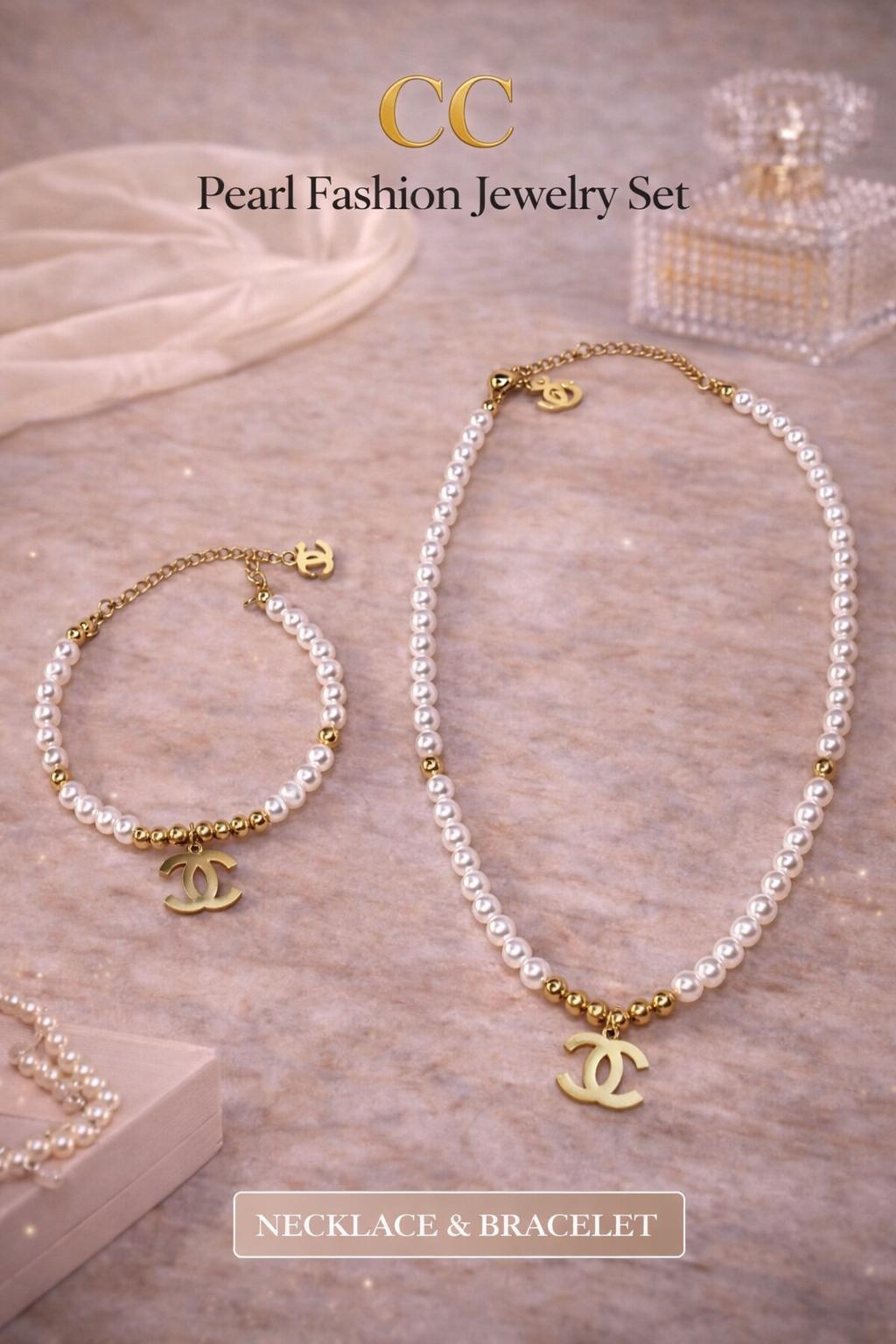 Pearl Elegance Necklace & Bracelet Set – Gold Tone