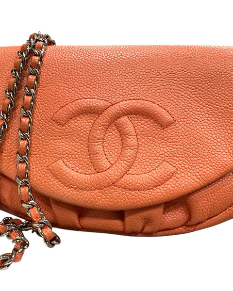 Chanel CORAL Caviar Leather Half Moon Wallet On Chain - Clairely Amazing