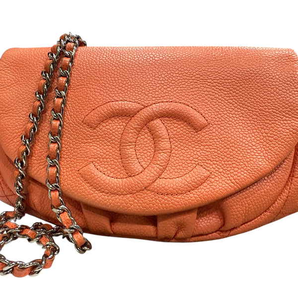 Chanel CORAL Caviar Leather Half Moon Wallet On Chain - Clairely Amazing