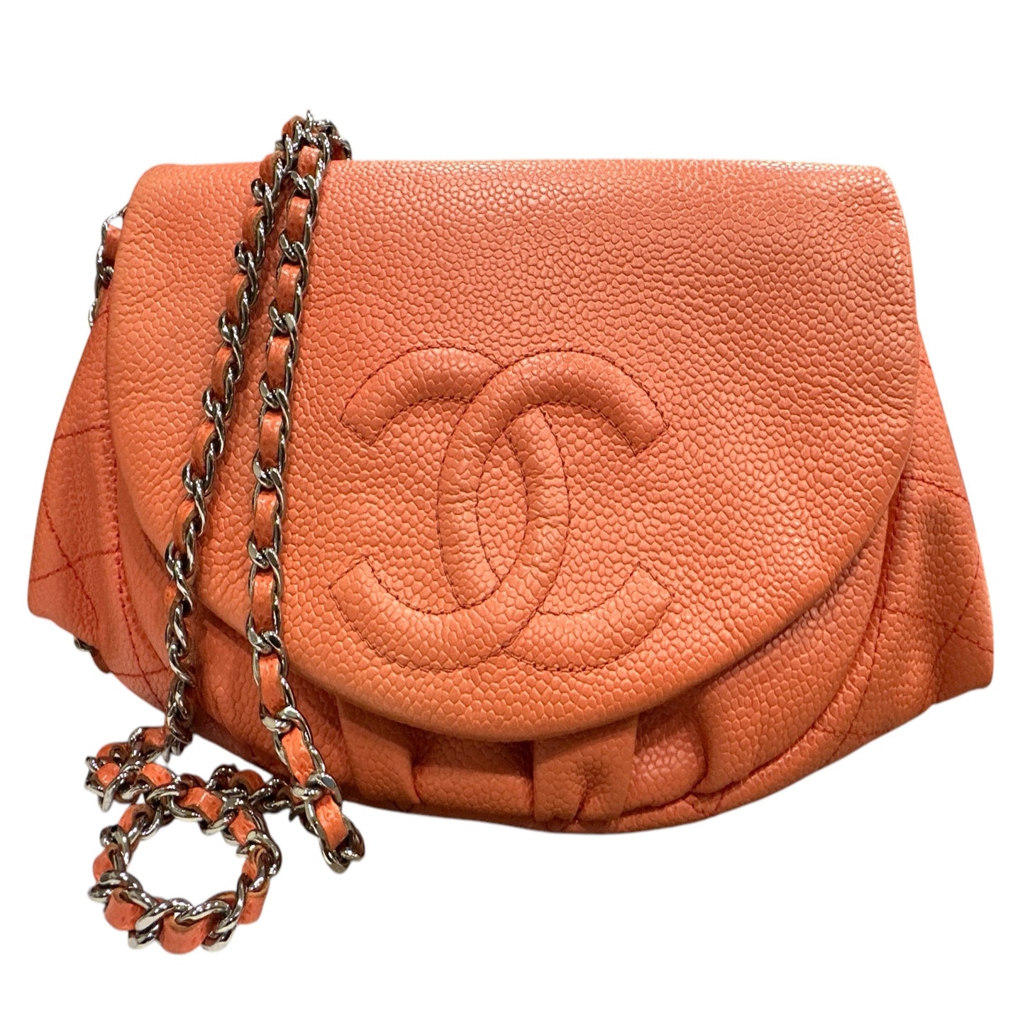 Chanel CORAL Caviar Leather Half Moon Wallet On Chain - Clairely Amazing